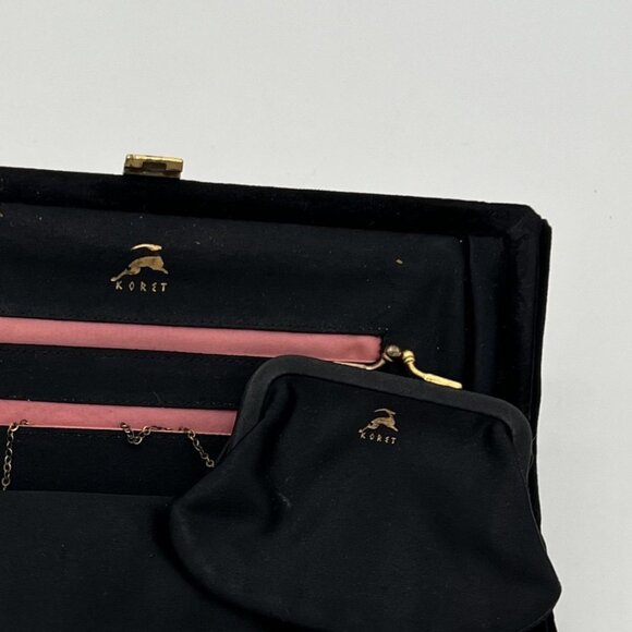 Vintage Koret Black Velvet Clutch W/ Turquoise Stone Clasp & Matching Coin Pouch - Picture 5 of 6